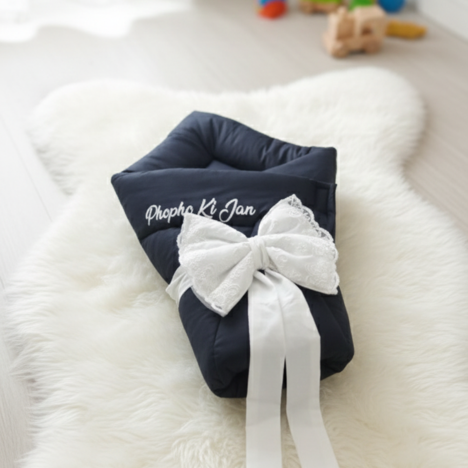 "Phopho Ki Jan" Personalized Baby Swaddle with White Lace Bow