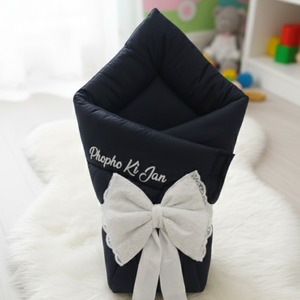 "Phopho Ki Jan" Personalized Baby Swaddle with White Lace Bow